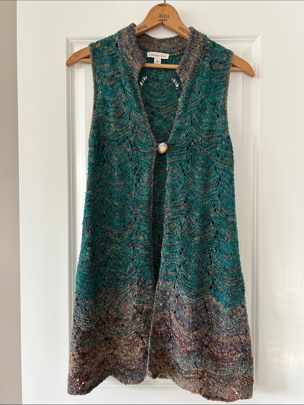 Coldwater Creek Ombré Sweater Vest Sz M w MEASUREMENTS Teal Green+ Taupe Crochet